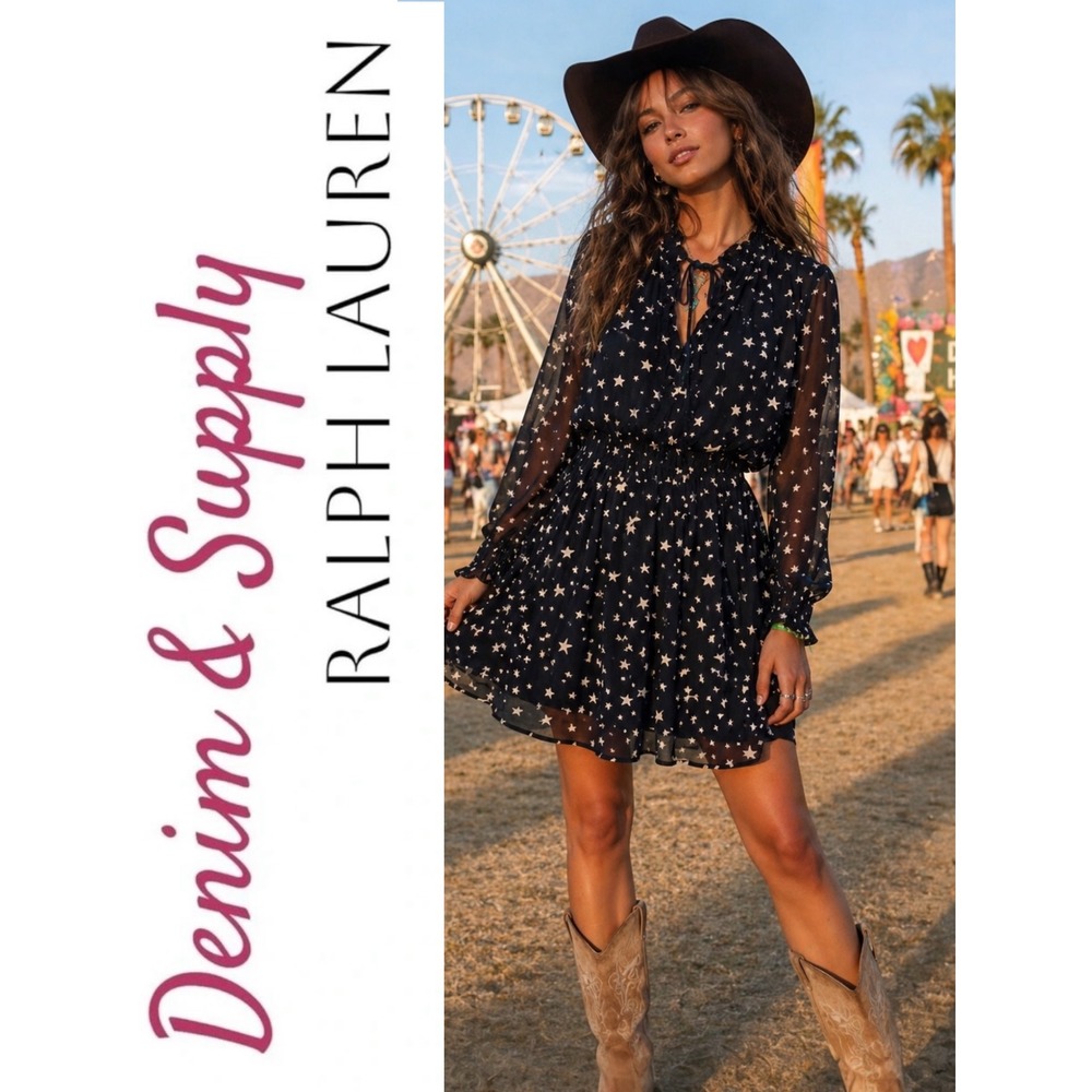 Denim & Supply Ralph Lauren Star Print Ruffle Tie Neck Dress Boho Western M